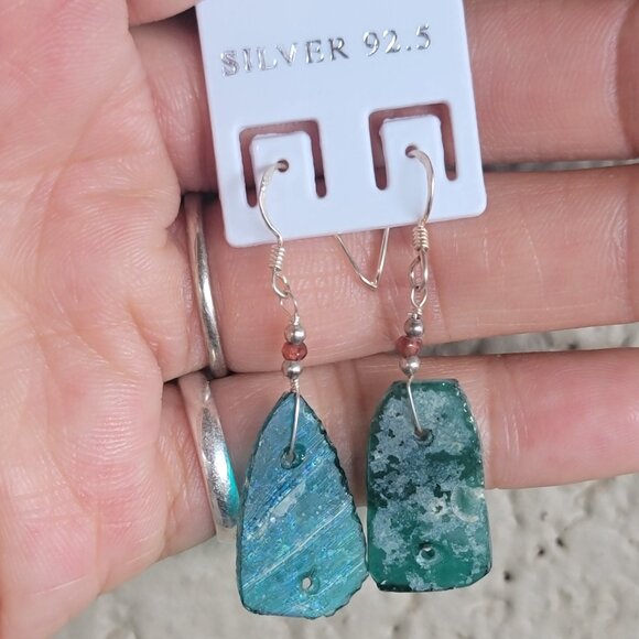 New handmade sterling silver 925 blue green sea glass dangle earrings - Picture 14 of 16